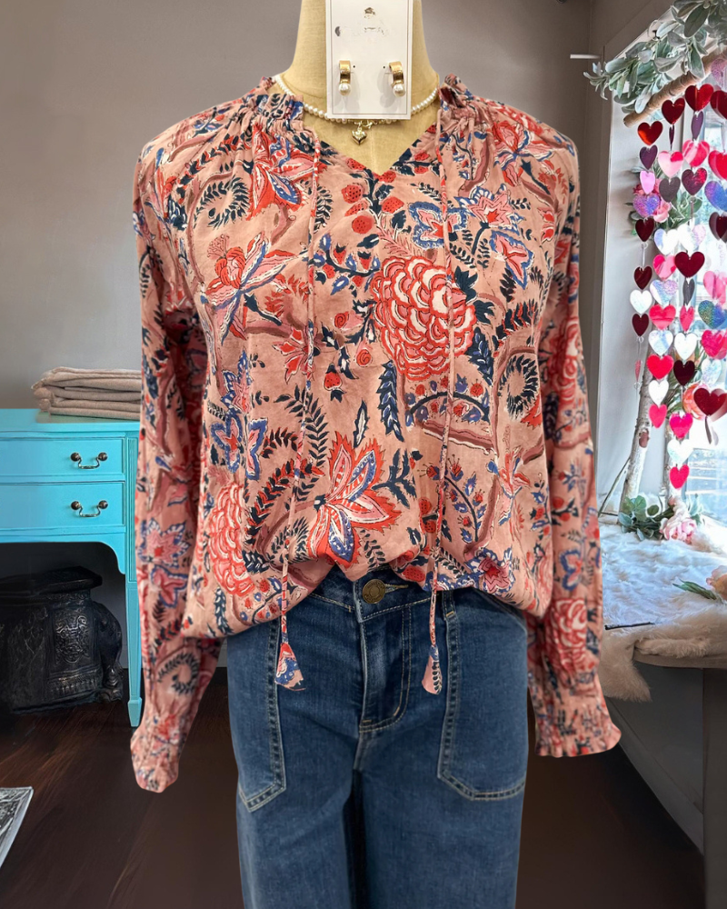 Elegant Mixed Floral Drawstring Top