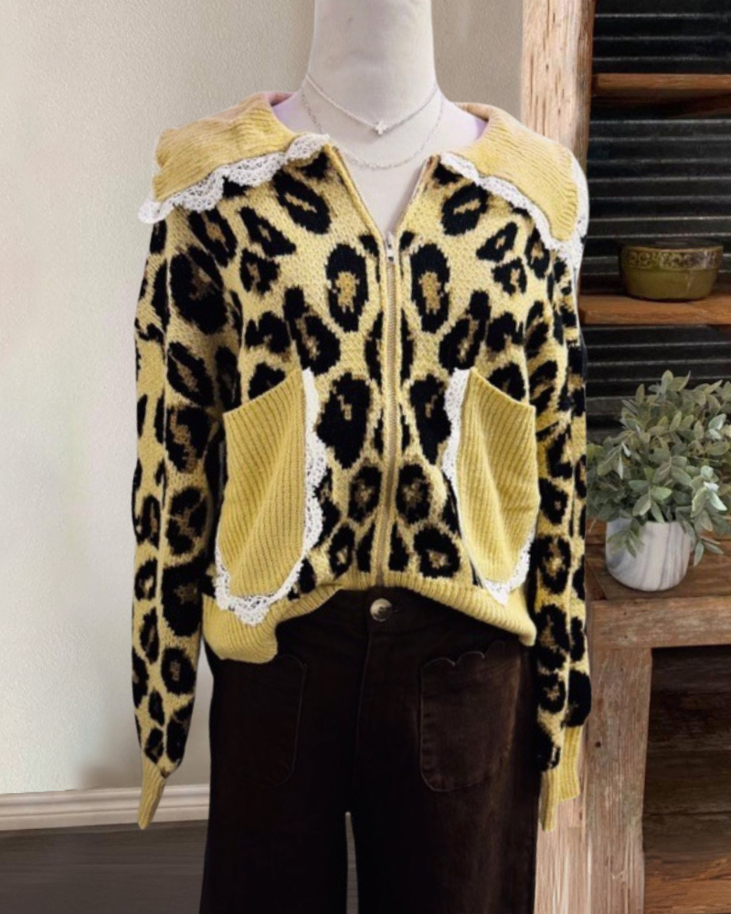 Leopard Zip-Up Lace Cardigan