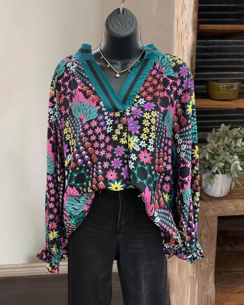 Chic Floral Satin Striped V-Neck Top