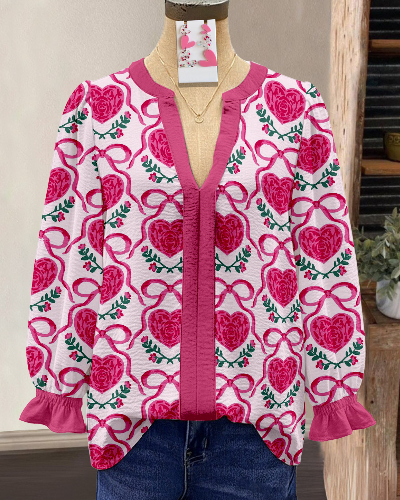 Floral Heart Bow V-neck Top
