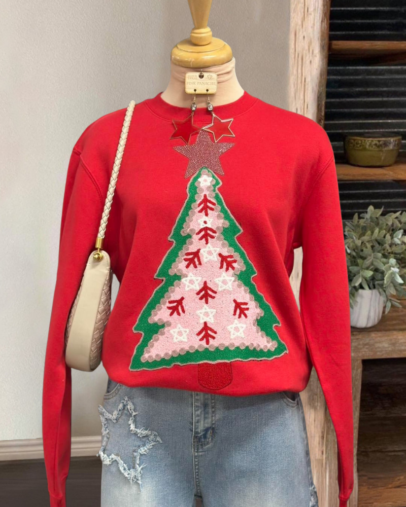 Christmas Tree Embroidered Pullover