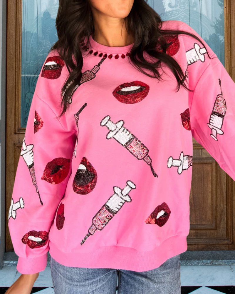 Lips & Syringes Sequined Sweatshirt