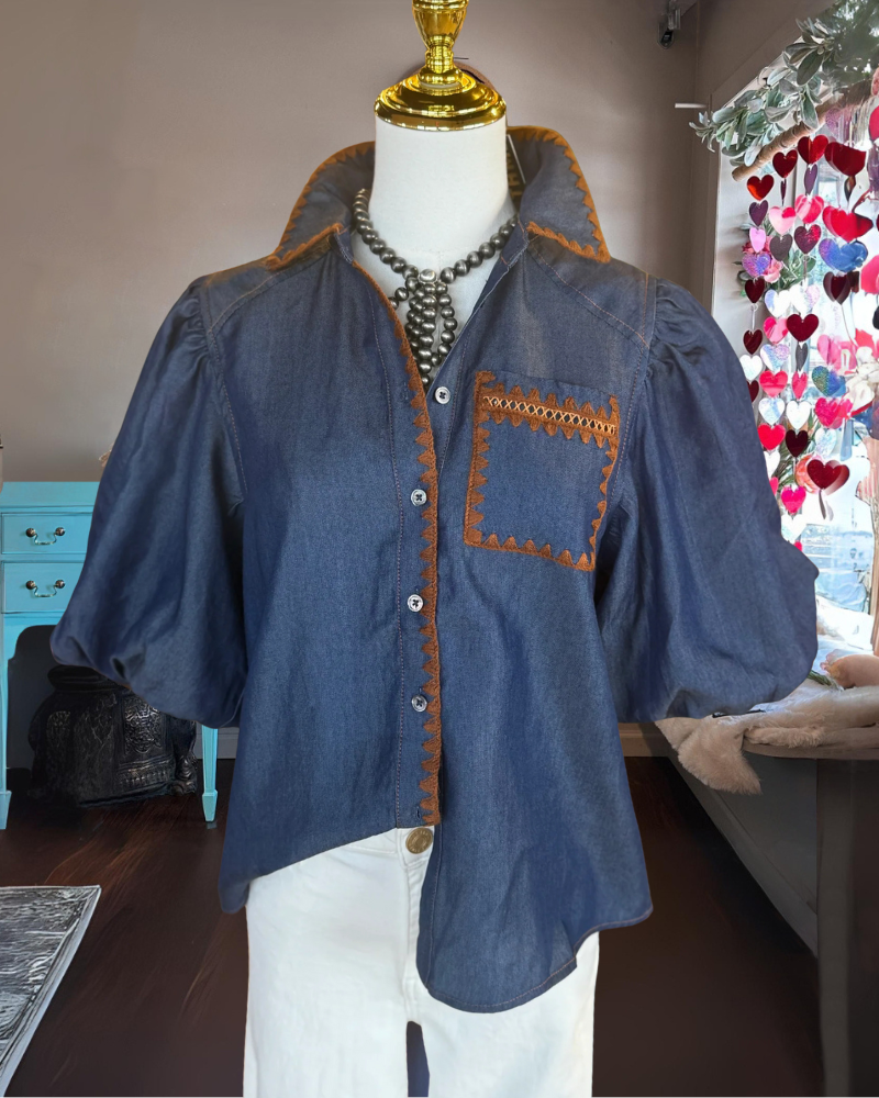 Unique Wave Trim Embroidered Shirt