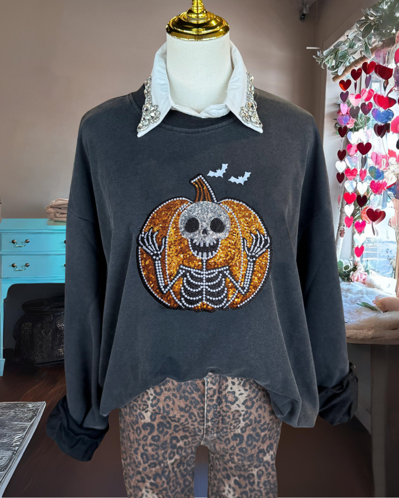 Halloween Pumpkin Skull Sequin Sweatshirt