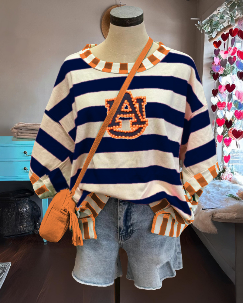 Bead Embellished Auburn Striped Top