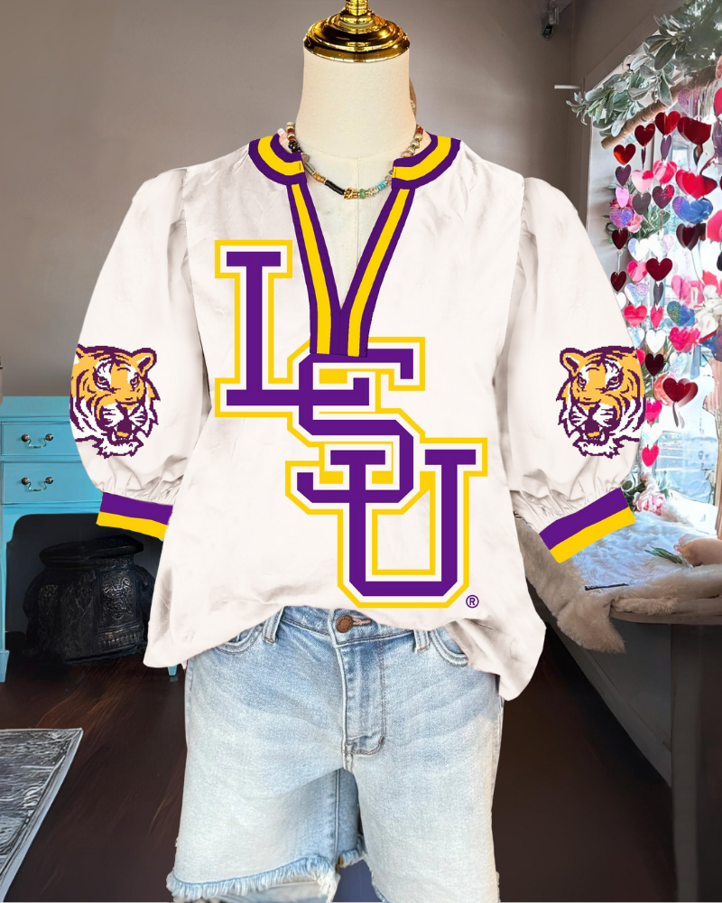 LSU Tigers Puff Sleeve Satin Top