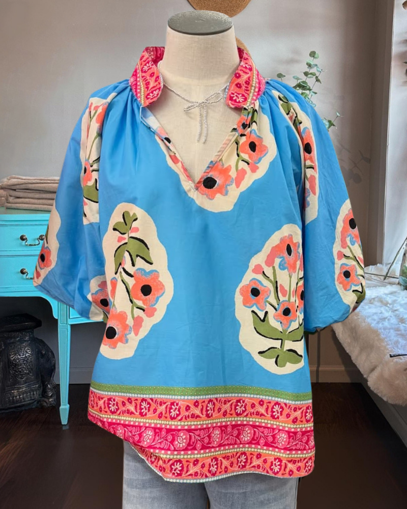 Abstract Floral Border Satin Top