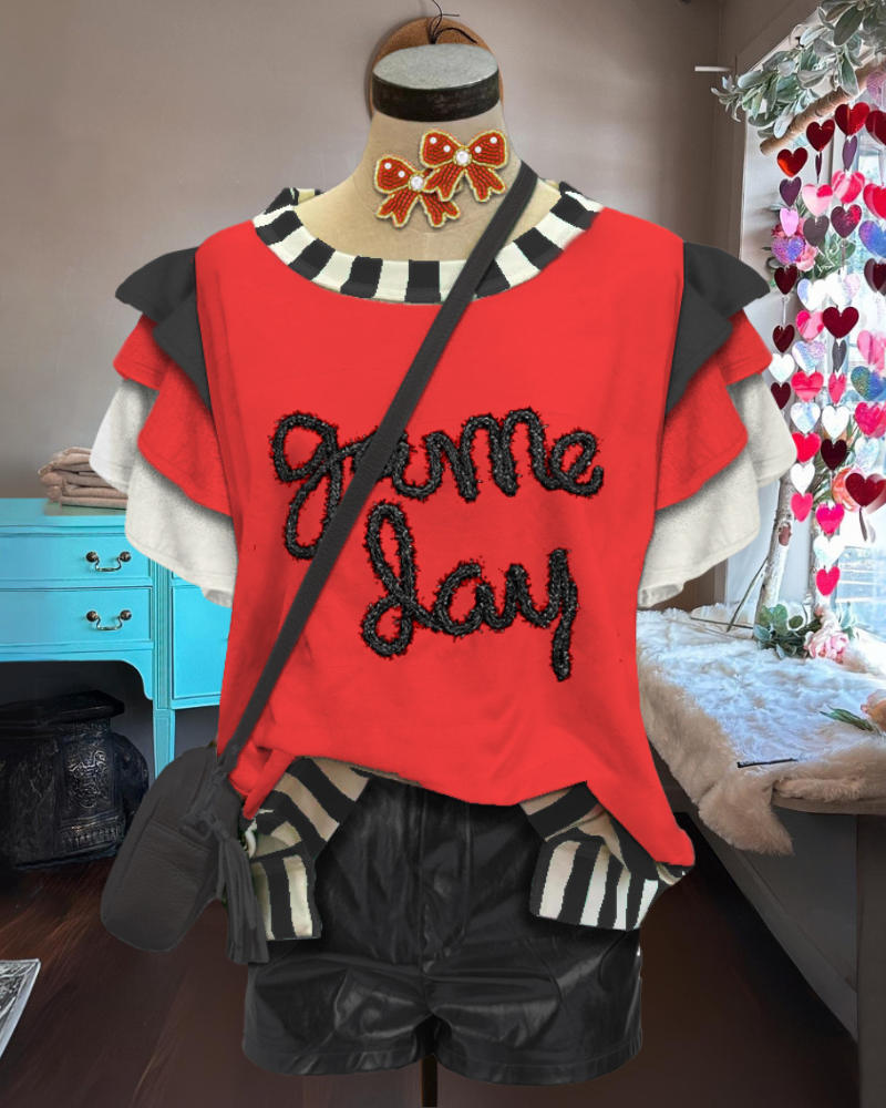 Game Day Embroidered Ruffle Top