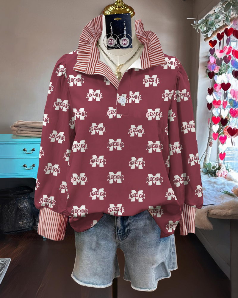 MSU State Ruffled Striped Trim Top
