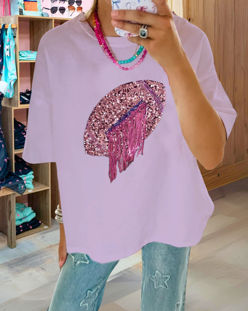 Football Sequined Tassel Design T-shirt