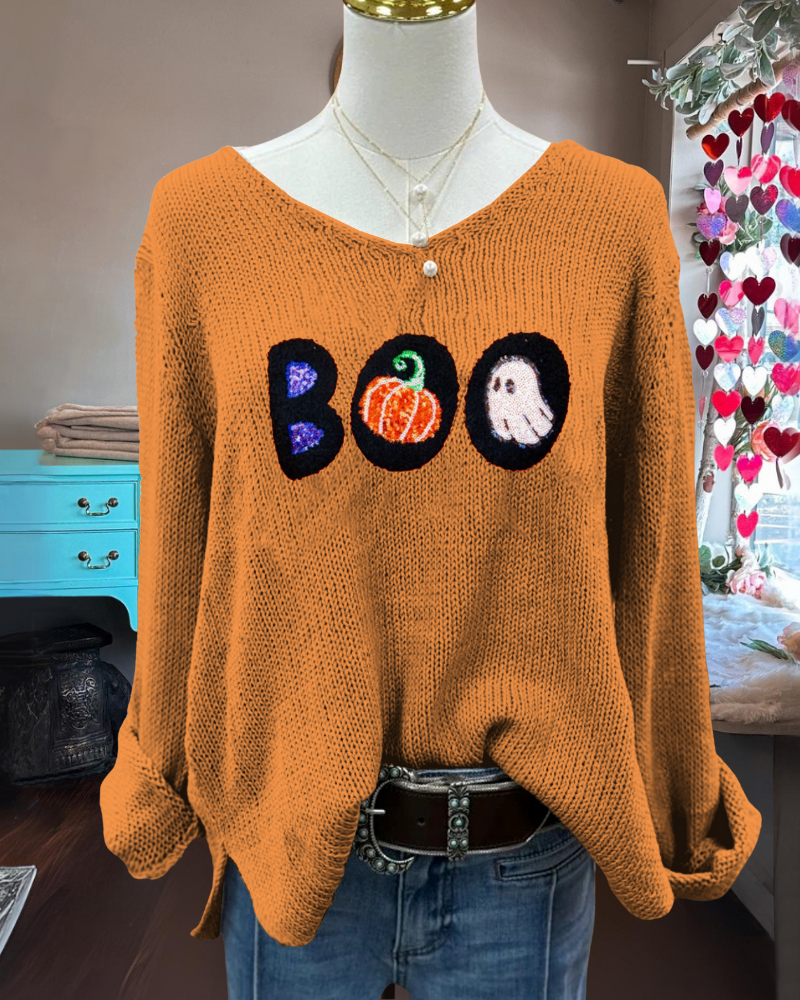 BOO Pumpkin Ghost Embroidered Sweater