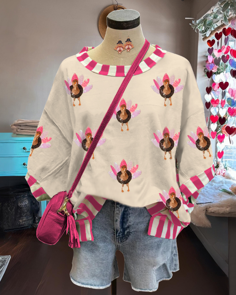 Striped Trim Sequin Turkey Top