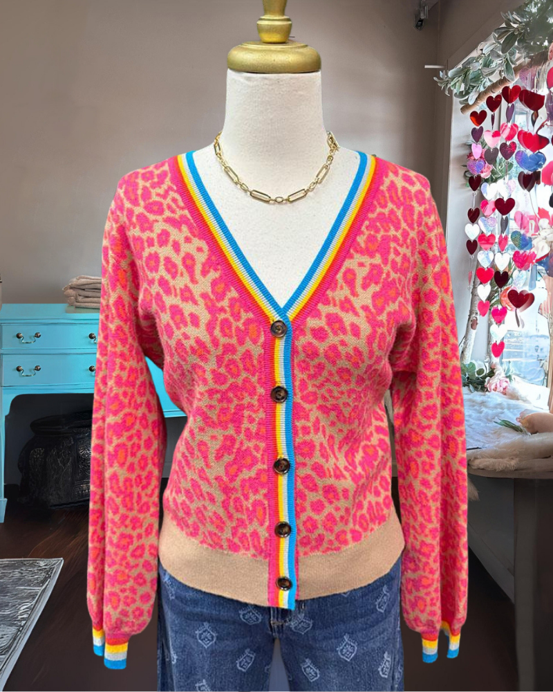 Leopard Stripe Trim Cardigan Sweater