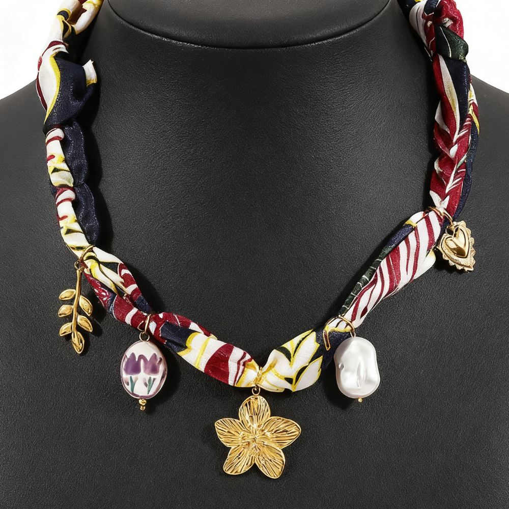 Floral Ceramic Ribbon Necklace