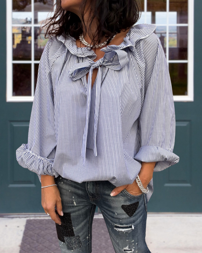 Ruffle Tie Neck Striped Top
