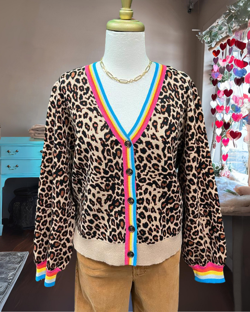 Leopard Stripe Trim Cardigan Sweater