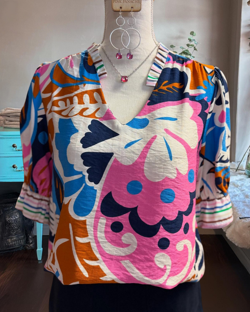 Abstract Pattern Striped Trim Top