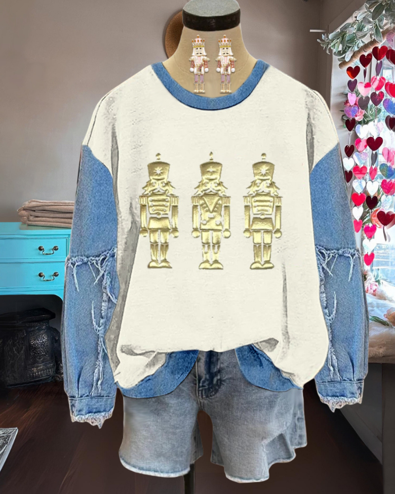 Nutcracker Soldier Denim Patchwork Sweatshirt