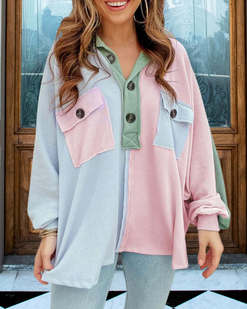 Colorblock Ribbed Button Shirt