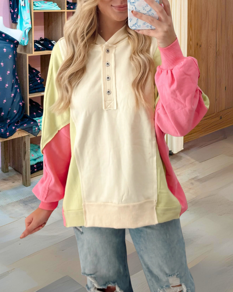 Colorblock Half-Open Collar Button Pullover