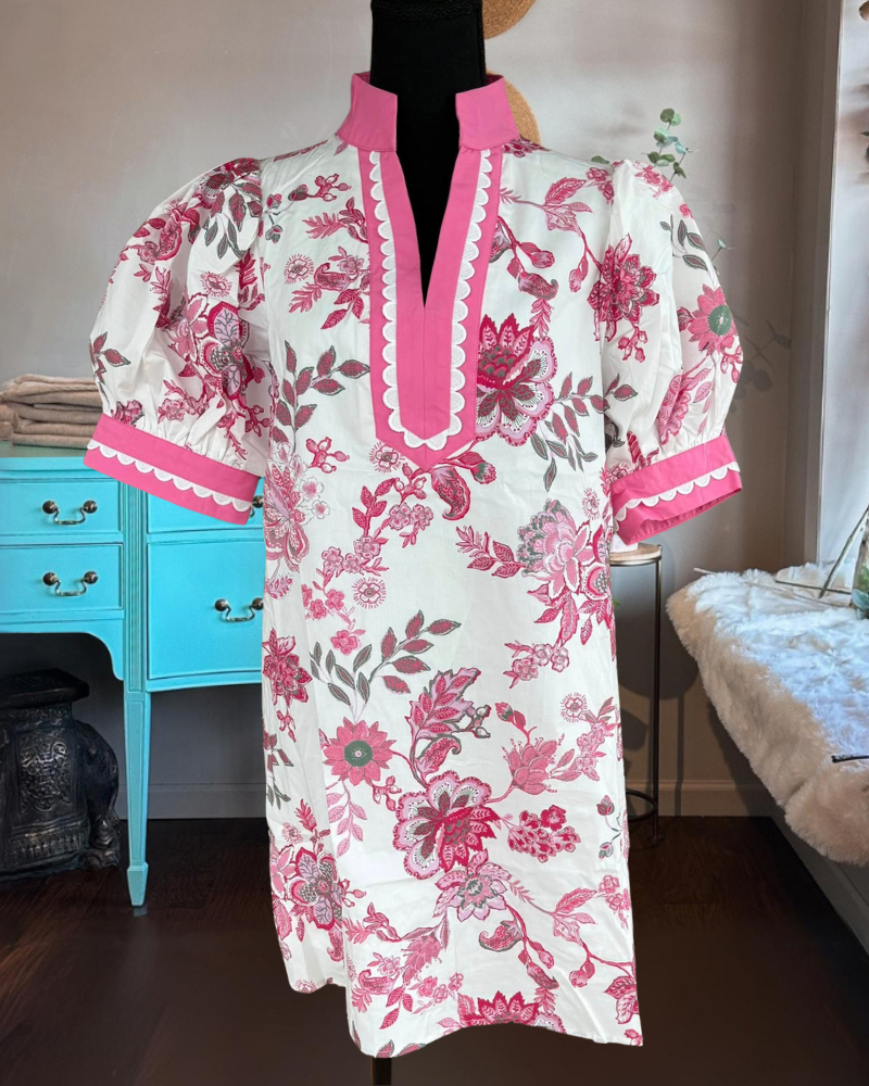 Floral Embroidered Wavy Trim Dress