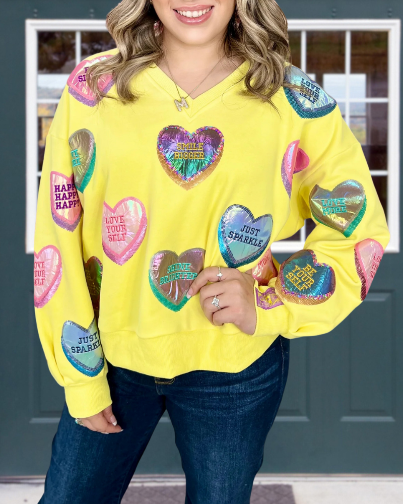 Heart Sequined V-Neck Sweatshirt