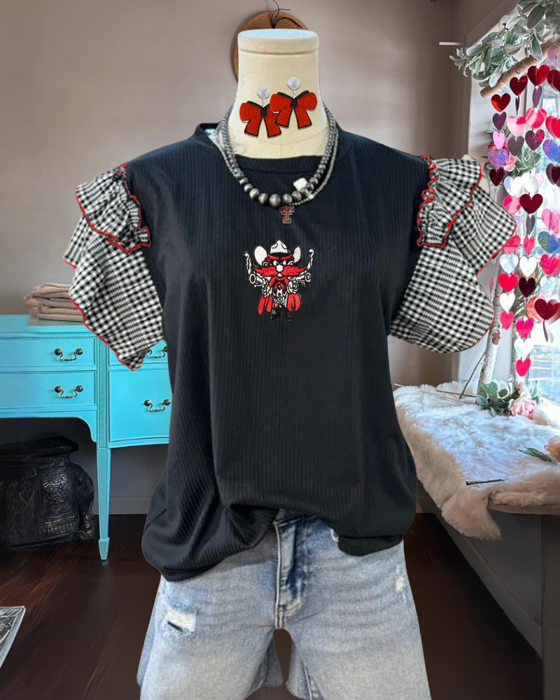 Red Raiders Embroidered Ruffle Plaid Top