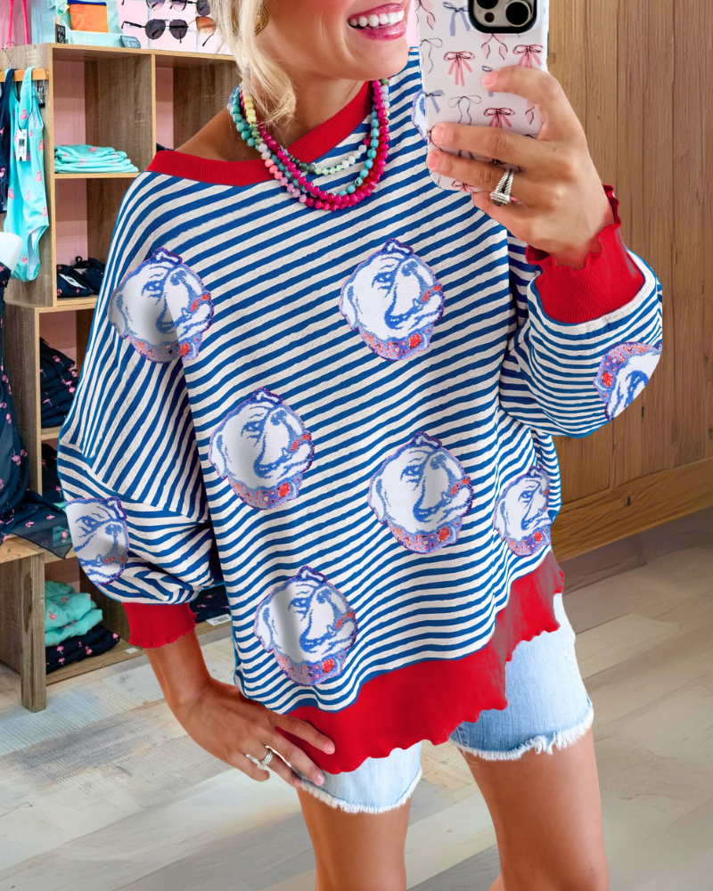 Sequin Bulldog Striped Sweatshirt