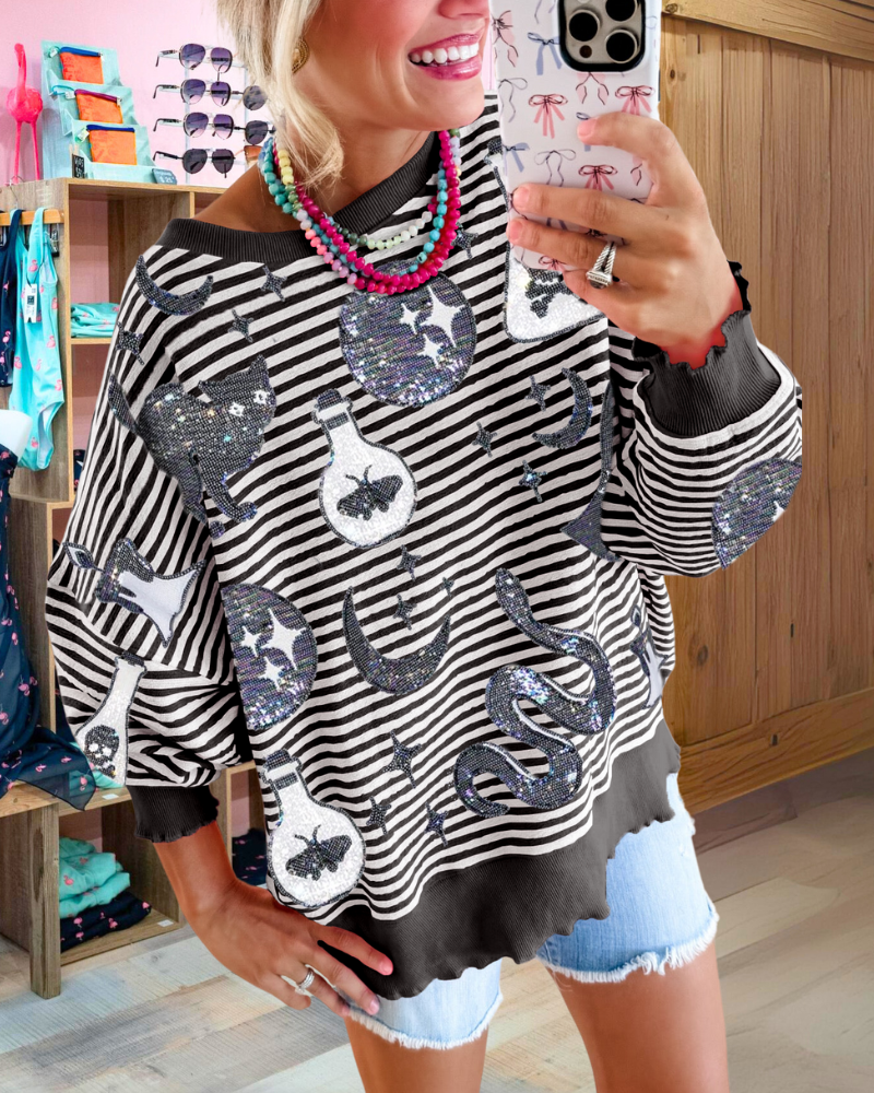 Mixed Pattern Sequin Stripe Sweatshirt