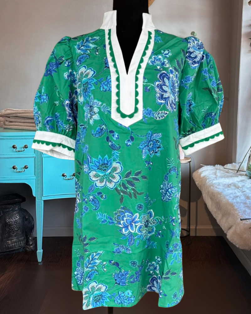 Floral Embroidered Wavy Trim Dress