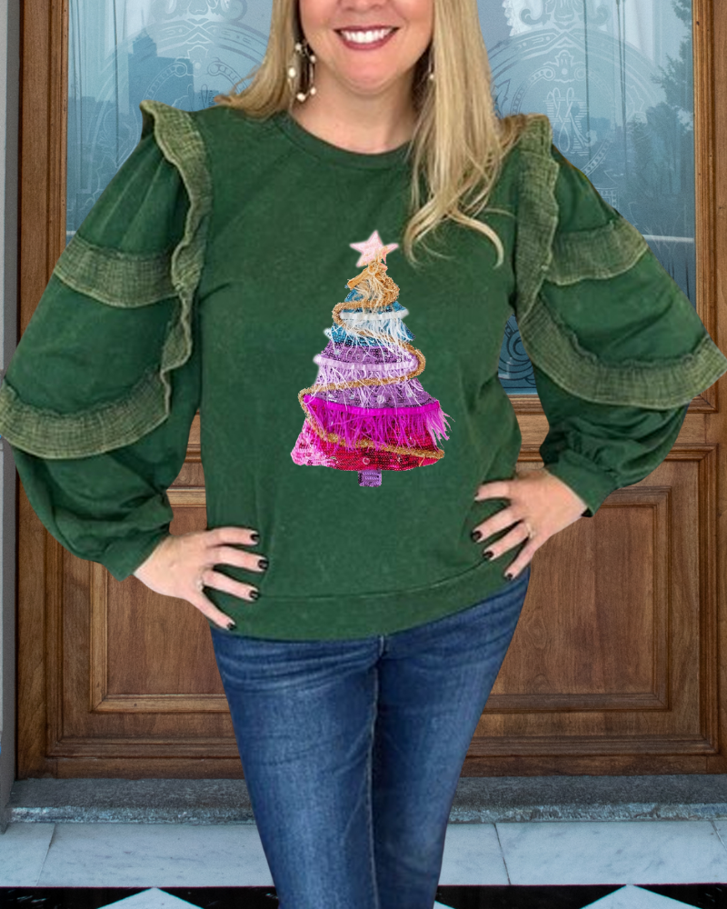 Sequin Tree Ruffle Sweatshirt