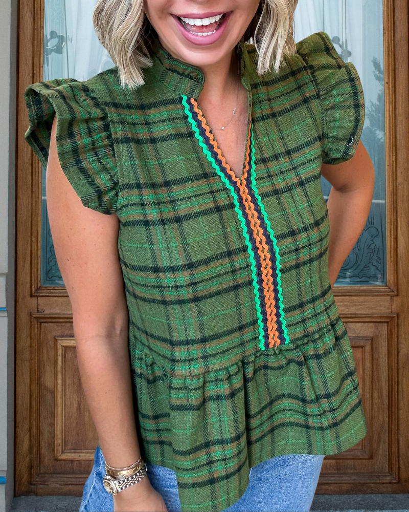 Ruffled Wave Trim Plaid Top