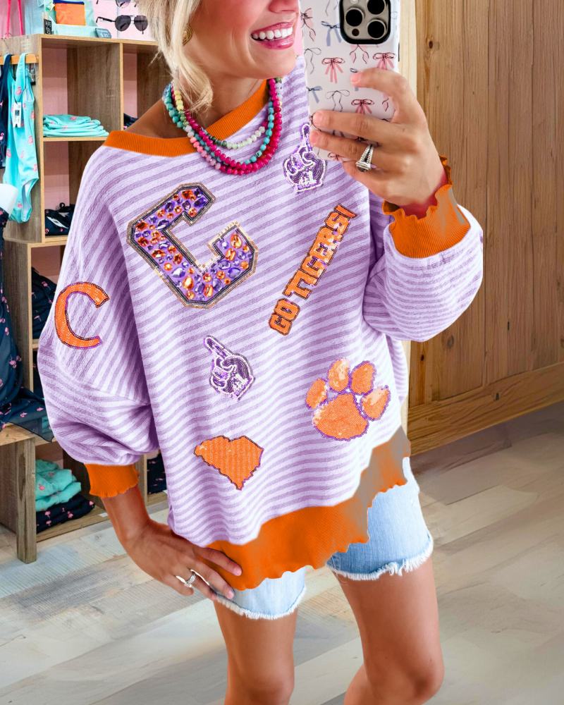 Sparkled Clemson Tigers Striped Sweatshirt