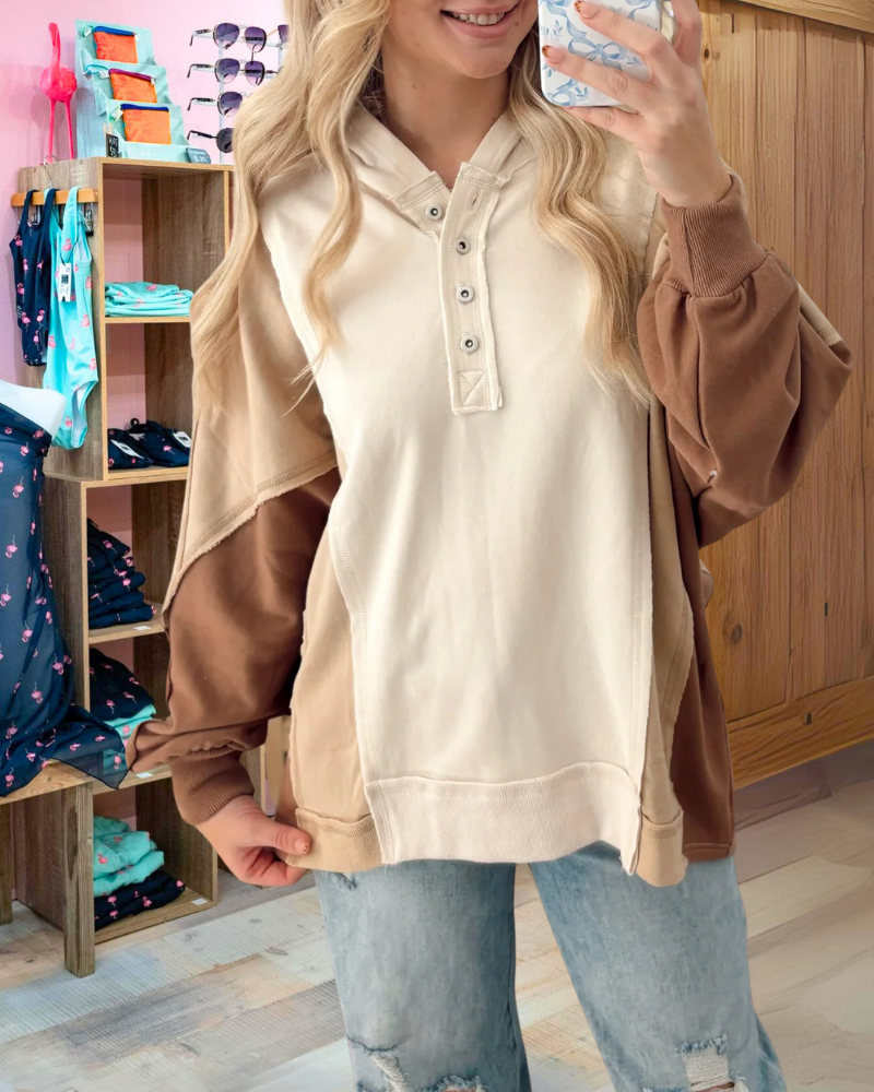 Colorblock Half-Open Collar Button Pullover
