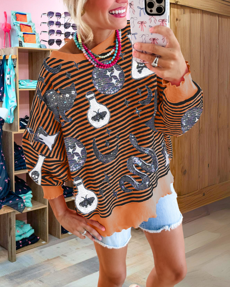 Mixed Pattern Sequin Stripe Sweatshirt