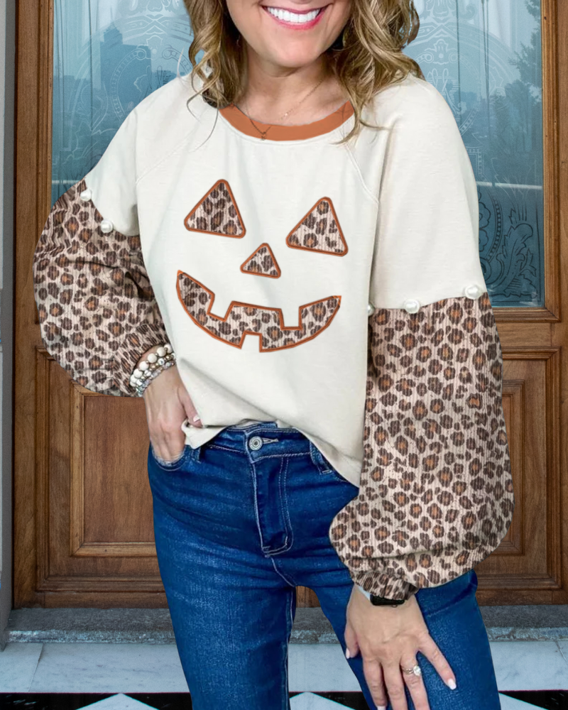 Leopard Pumpkin Smiley Face Sweatshirt