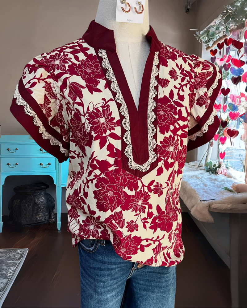Elegant Floral Satin V-Neck Top