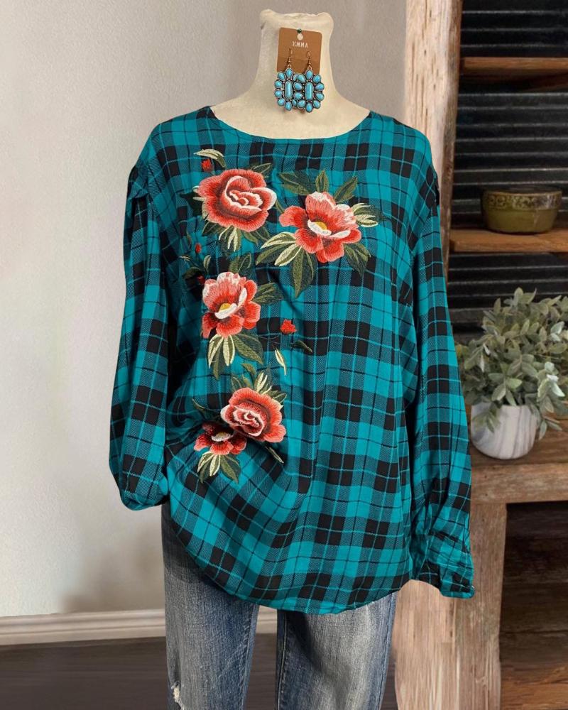 Floral Embroidered Plaid Top