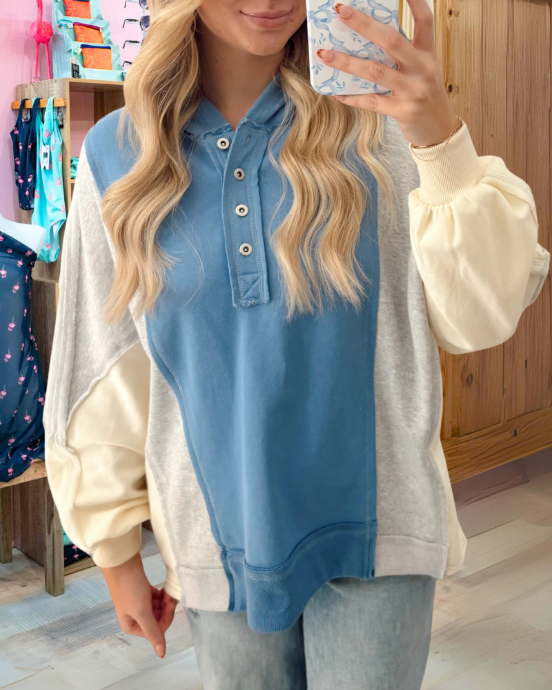Colorblock Half-Open Collar Button Pullover
