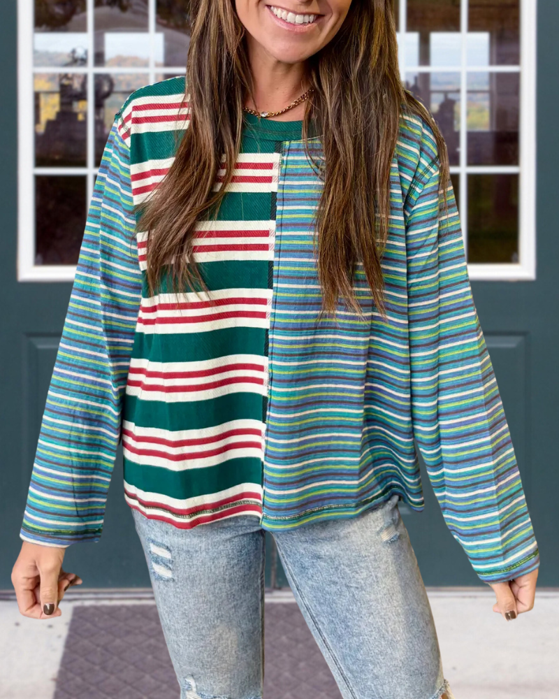 Colorblock Striped Crew Neck Top