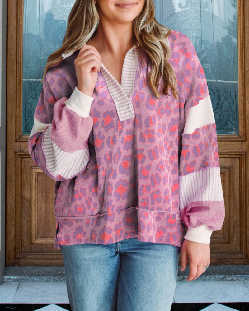 Leopard Stripe Trim Pullover