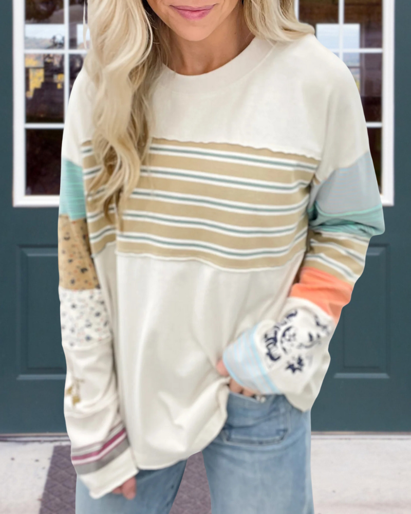 Striped Paneled Crew Neck Top