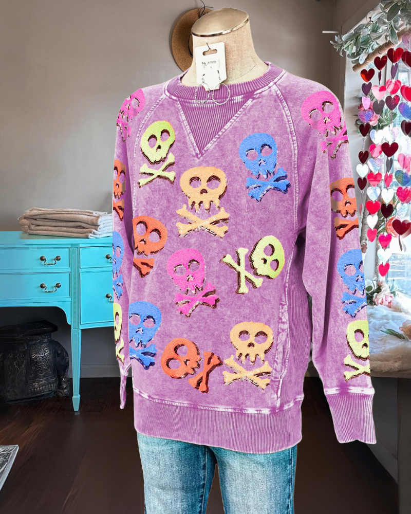 Fun Skull Print Washed Sweatshirt