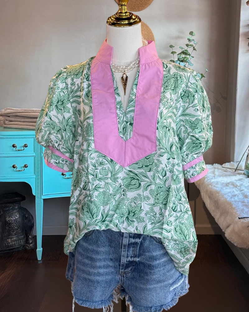 Colorblock Trim Floral Top