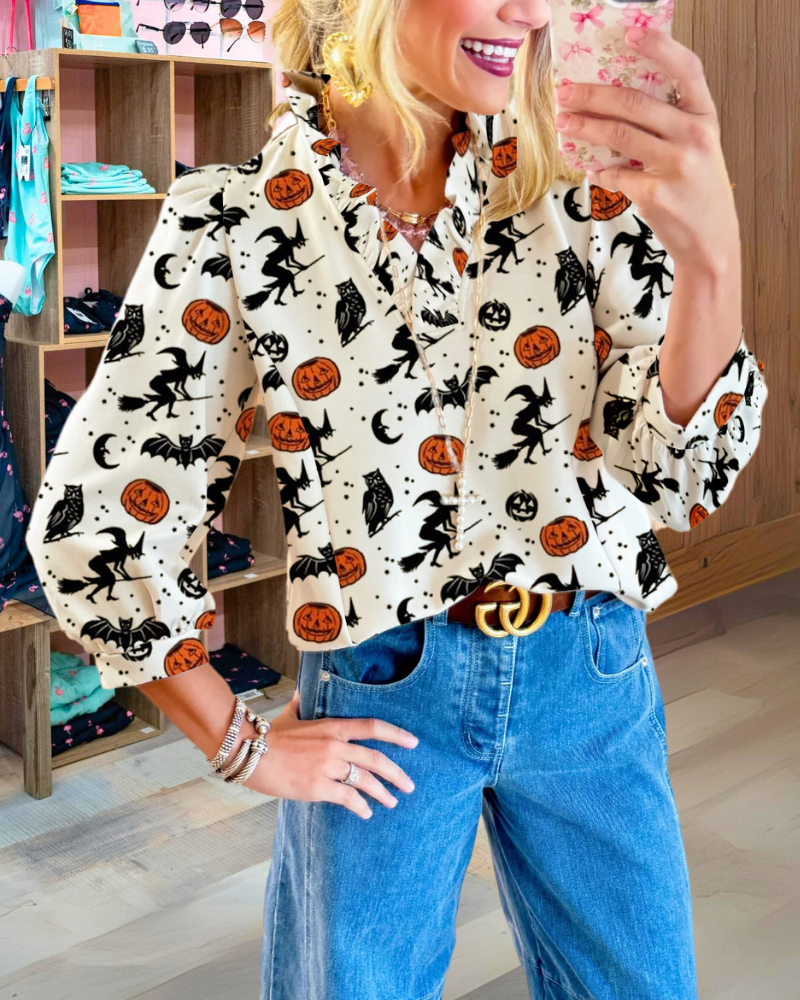 Fun Halloween Witch Bat Pumpkin Satin Top