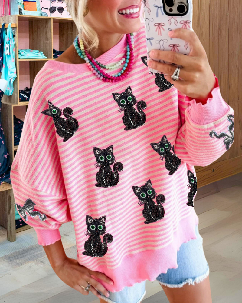 Whimsical Sparkly Black Cat Striped Pullover