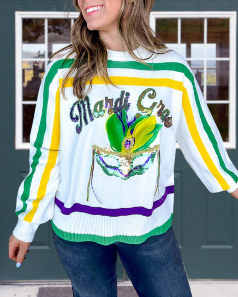 Mardi Gras Mask Sequined Pullover