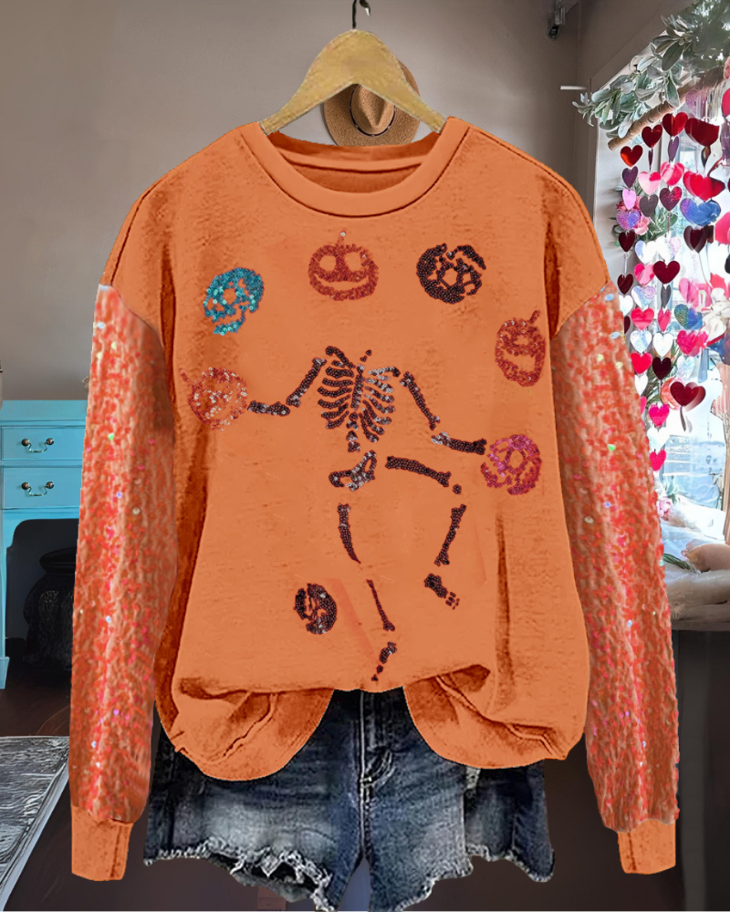Sparkling Pumpkin Skull Sequined Sweatshirt