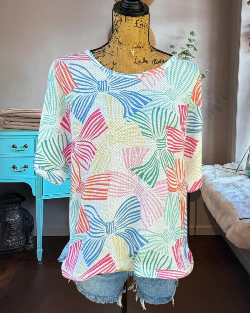 Colorful Bow Textured Striped Top