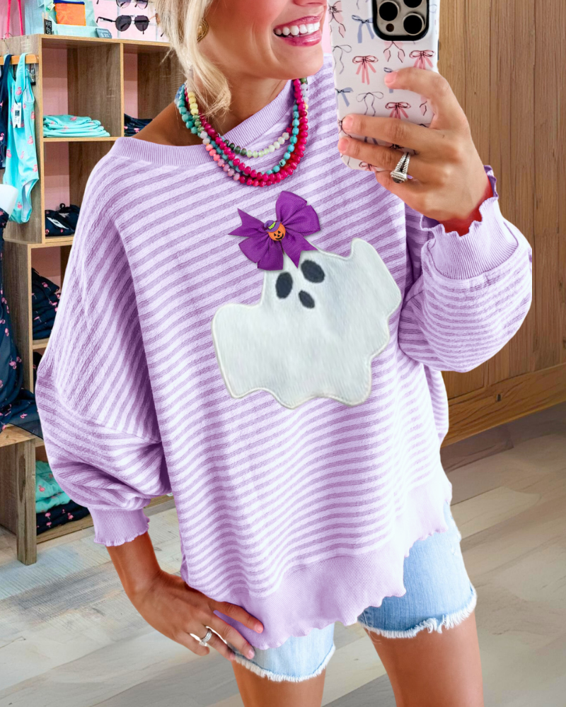 Halloween Ghost Bow Embellished Striped Sweatshirt